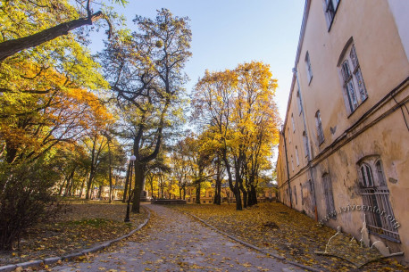 Vul. Lysenka, 12. A view along the building's eastern facade towards vul. Prosvity. On the left, in the center of the square, is a monument to the Prosvita Society