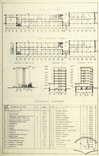 Plans, side elevation, and section of the academic building #2