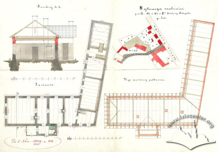 Brewery building (later, hospital building) in 1884. Site plan, ground floor plan, roof plan, and a transverse section