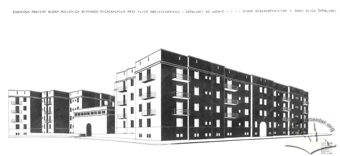 Перспективний вид будинку на проекті Збіґнєва Жепецького 1928 р. (З фонду Державного архіву Львівської області, 2/2/5546)