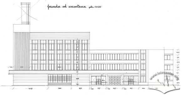 Main (northern) elevation on the original project (from the State Archive of Lviv Oblast), 2/3/66