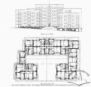 Drawing of the buildings published in the "Architektura i Budownictwo" magazine, #11, 1927 (from the Warsaw University of Technology Digital Library)