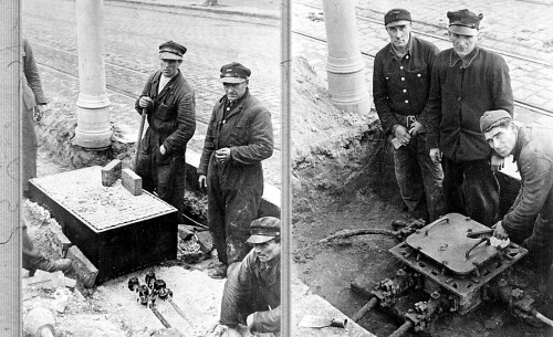 MEF workers are installing underground cable commutation switches (110 V). Photo of the 1940s.
