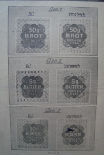 Special Issue of the periodical for the Criminal Police  "Deutschen Kriminalpolizeiblatt" dated 14 January 1944, with examples of counterfeit food ration cards and their originals for comparison.
