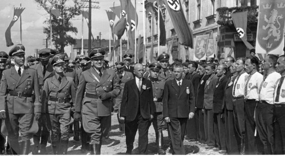 Otto von Wechter (first on the left) and Hans Frank (third on the left) pass the volunteers for the Waffen-SS Division "Galicia", June 1943